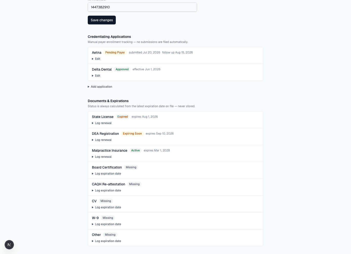 EnrollRoster provider detail page showing credentialing applications and document expiration tracking
